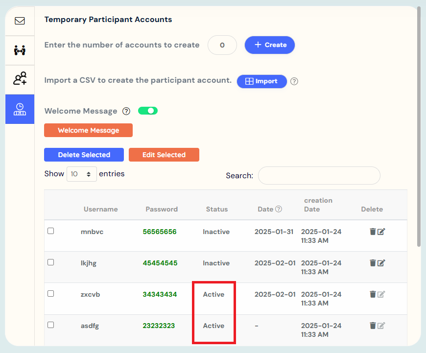 Active temporary accounts