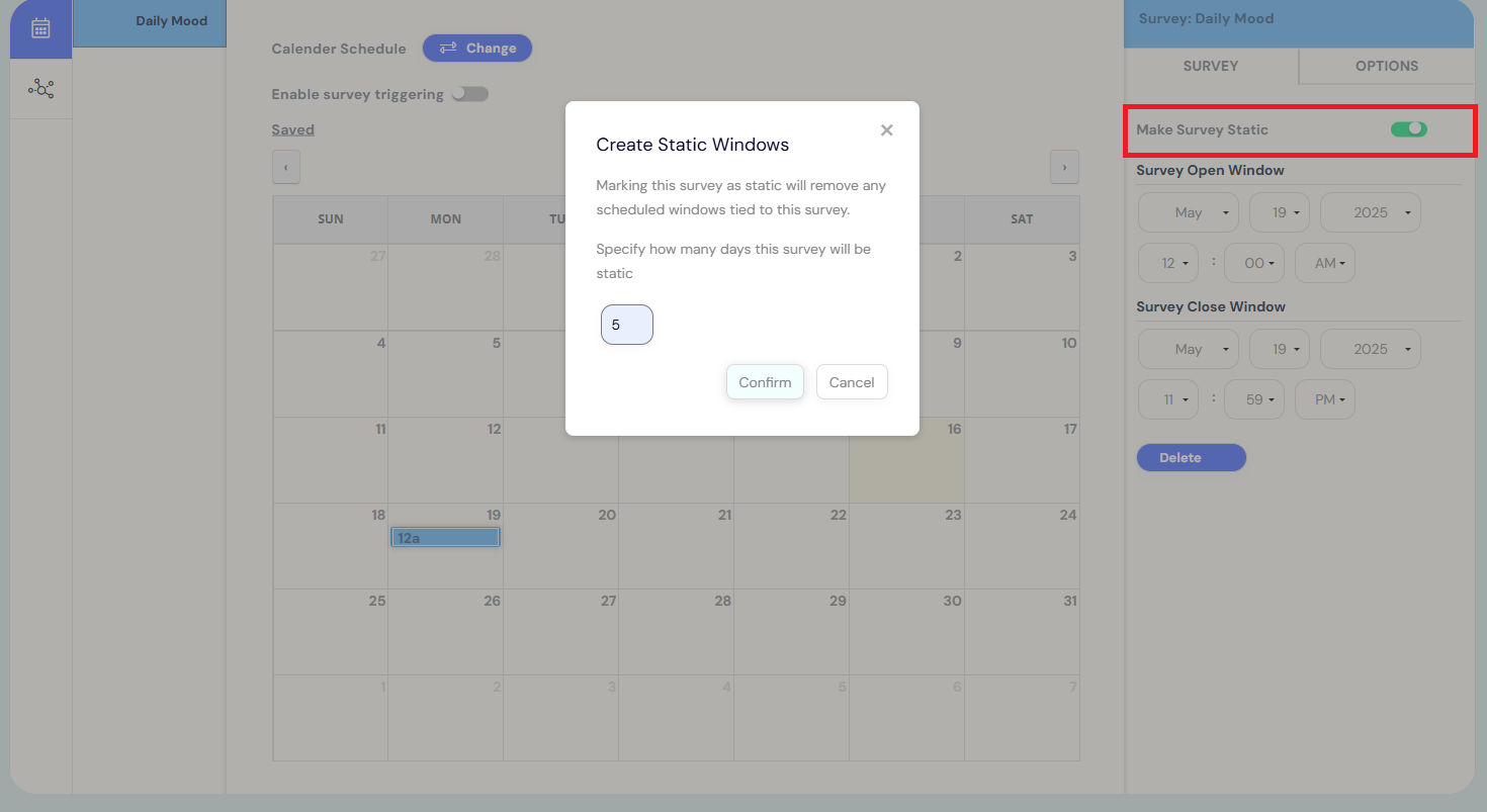 setting up static survey (calendar schedule)