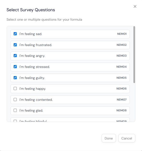 selected survey questions for formula variables