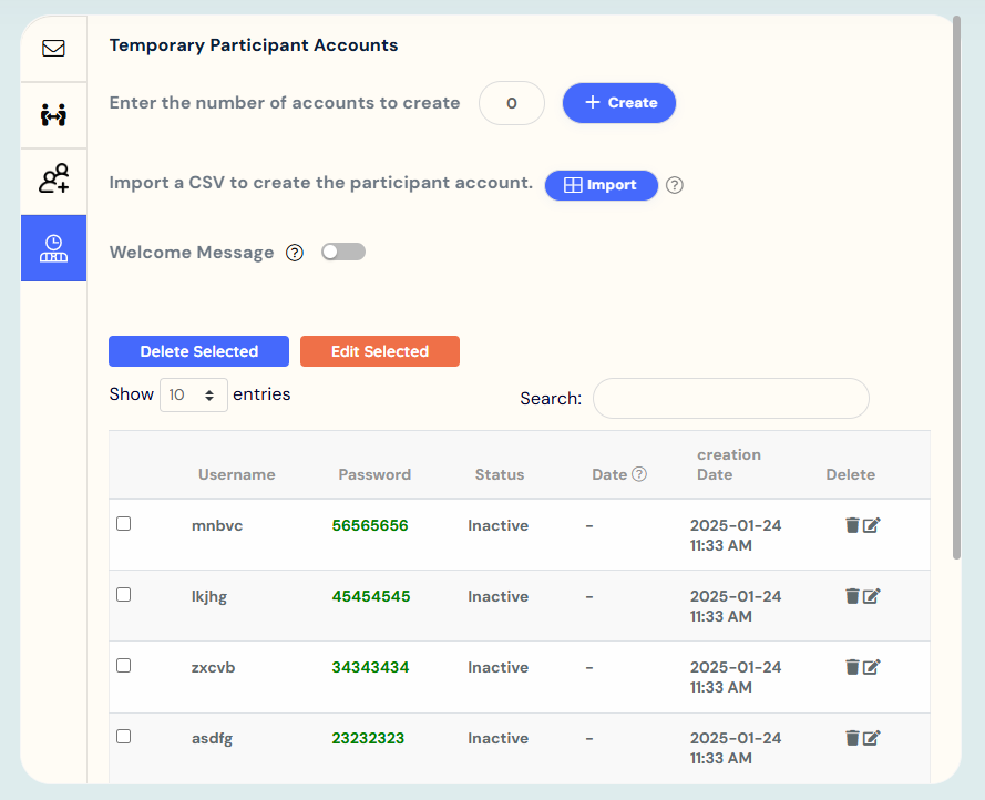 Uploaded list of created participants' accounts