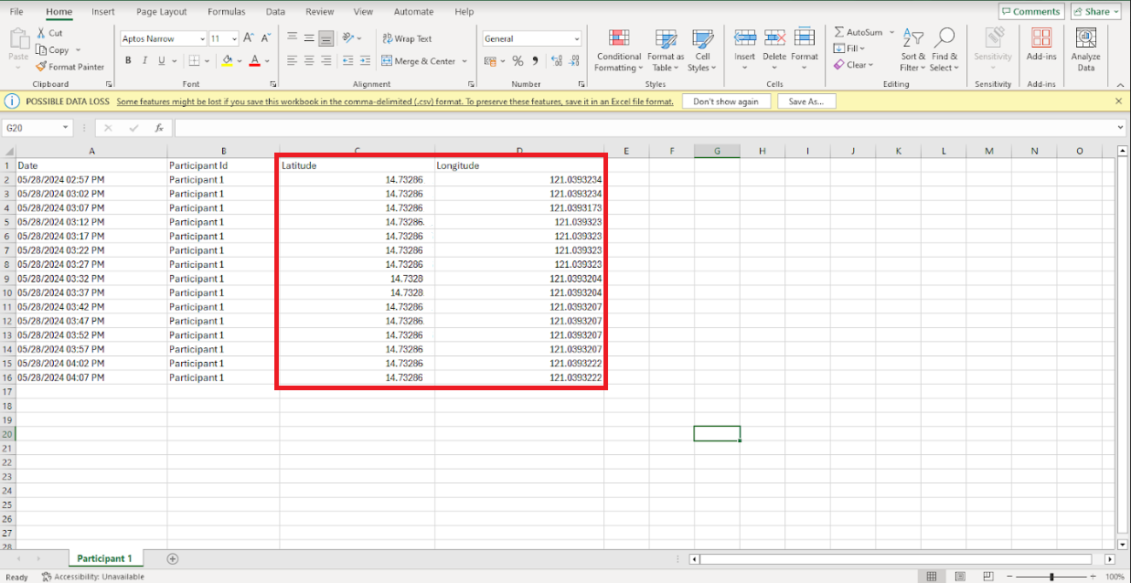 data file including latitude and longitude information