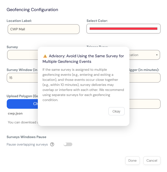 geofencing same survey task advisory