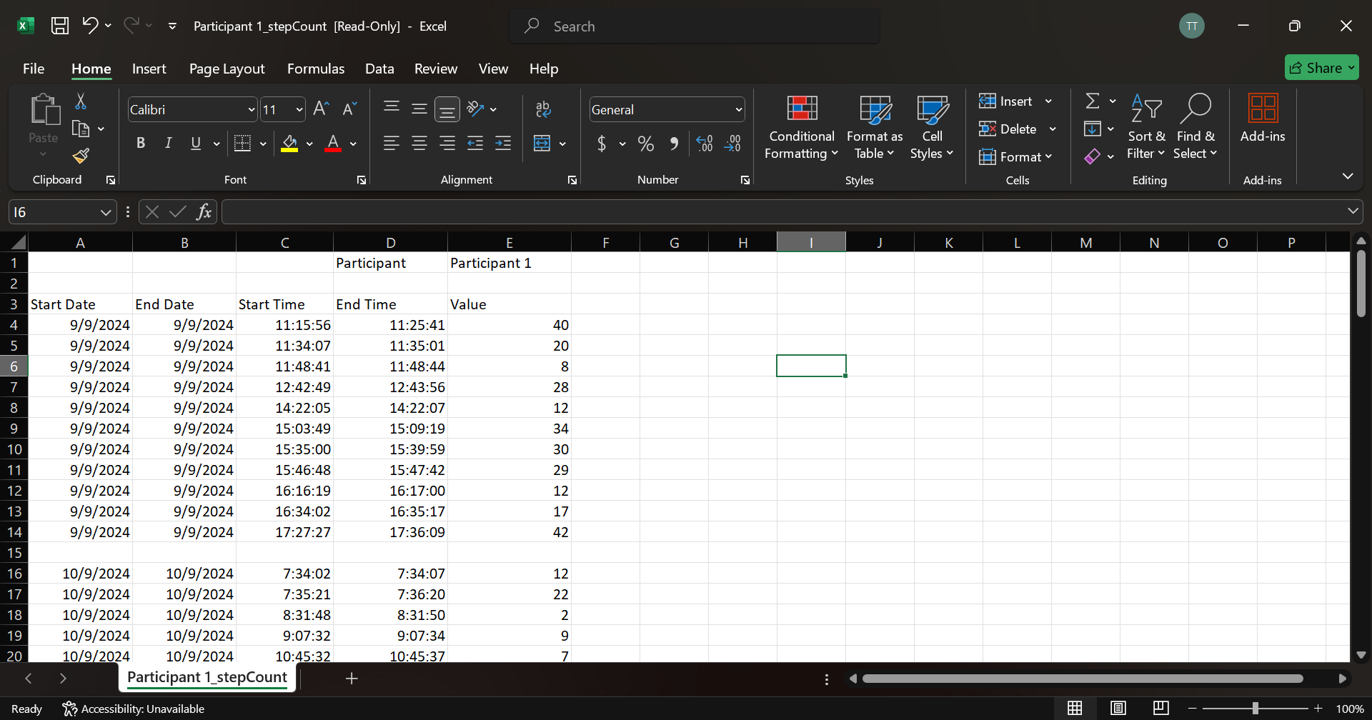 Excel file containing data from the Apple Watch