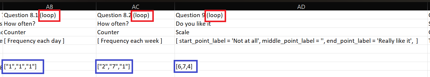 Example CSV for 'Counter' and 'Scale' question types