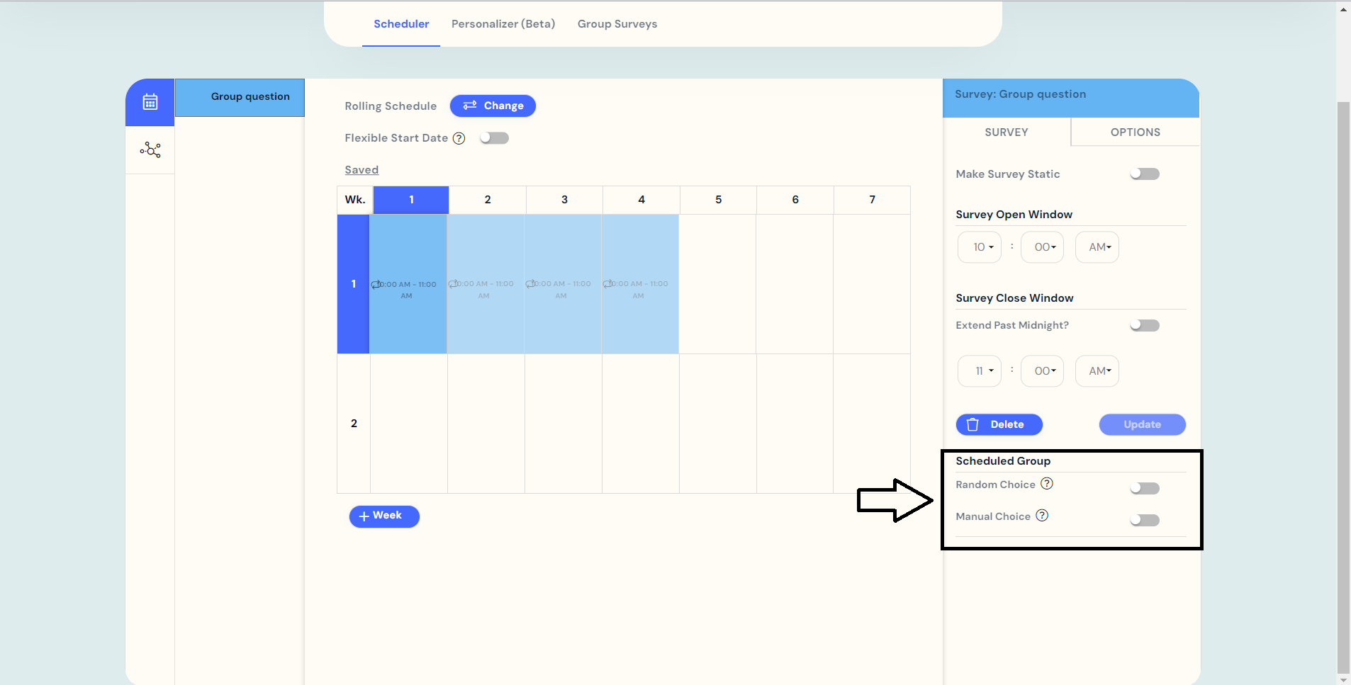 Scheduling page - Scheduled group option