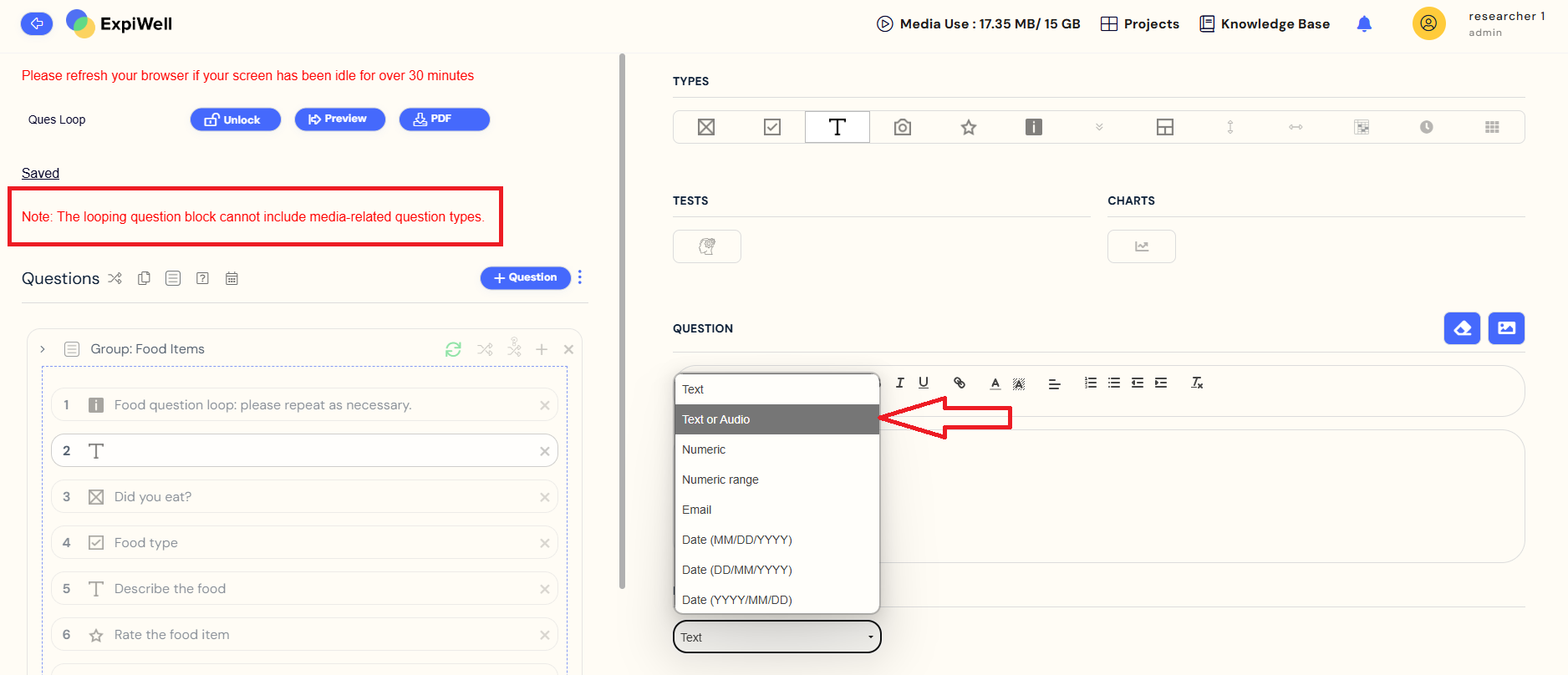 Reminder of media-related question types cannot be included in the looping question block