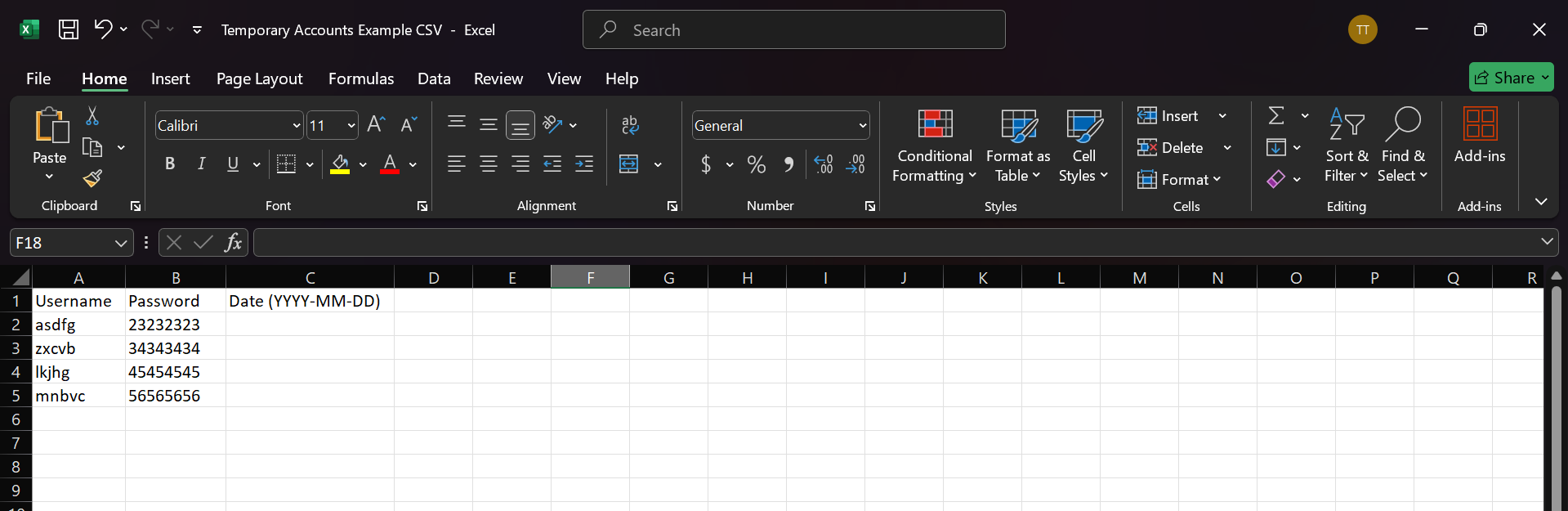 Sample CSV format of participants' accounts