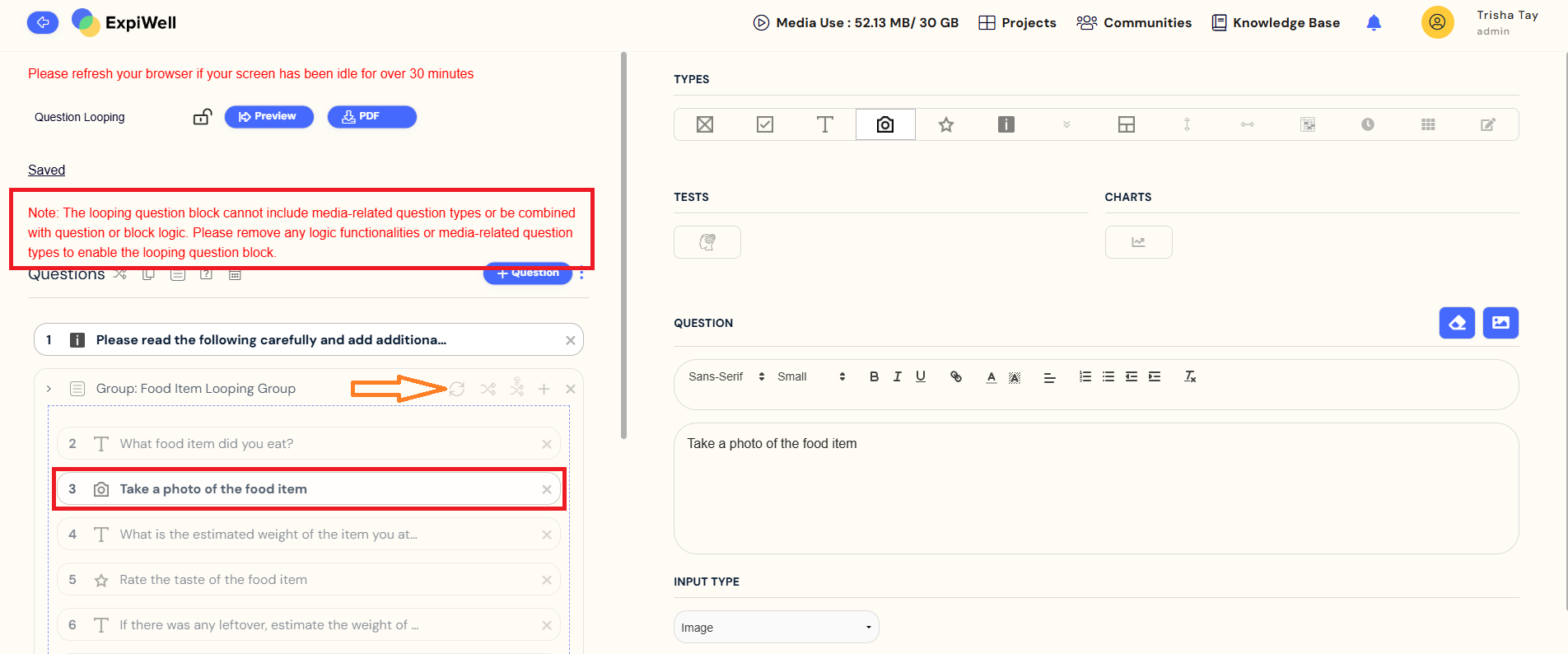 Error message about Question looping will not be enabled until these question types have been removed.