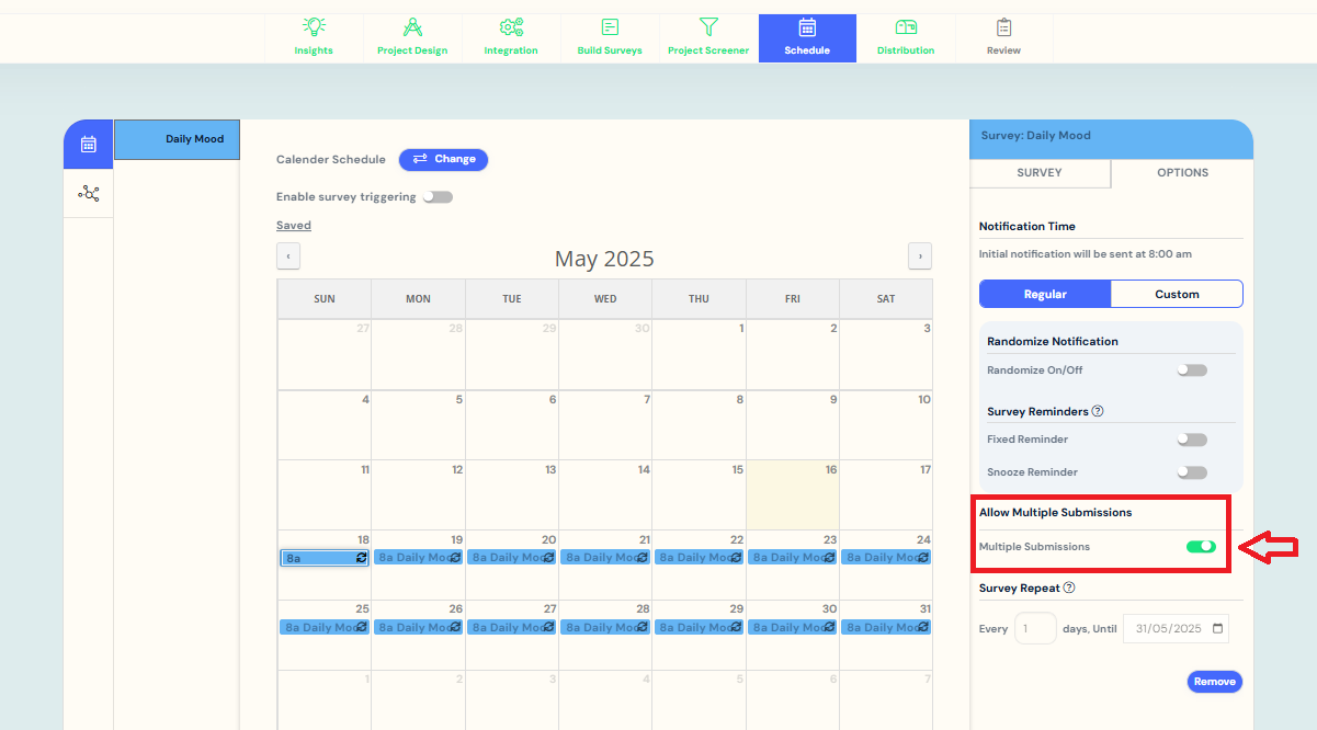multiple submissions for scheduled surveys (calendar)