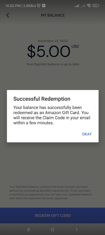 ExpiWell mobile app - Successful Redemption