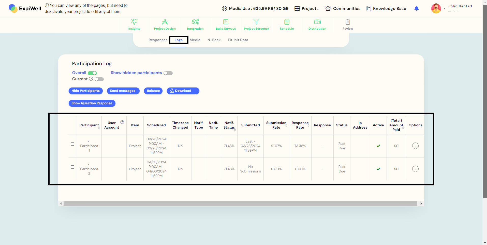 Insights tab - Logs