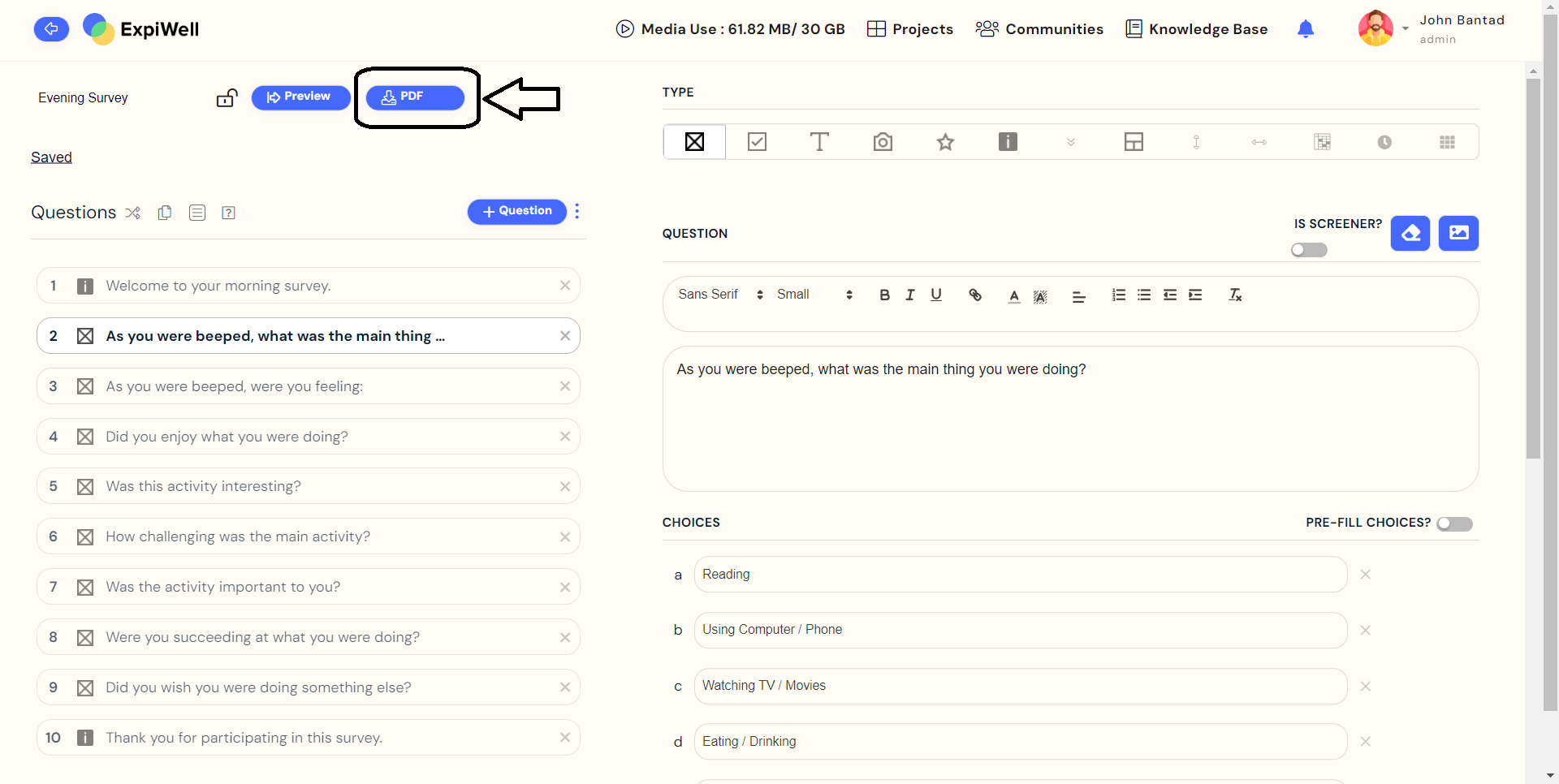 ExpiWell download PDF survey feature