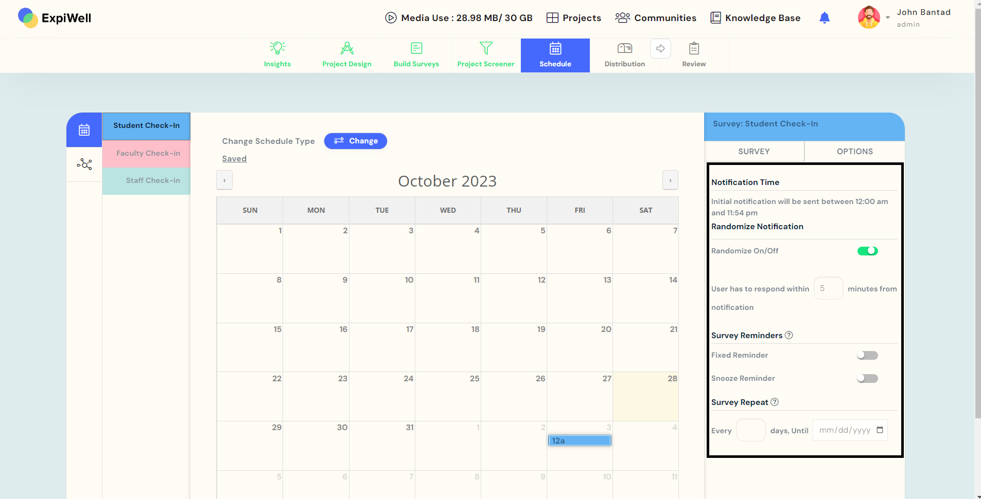 Calendar schedule type - survey options