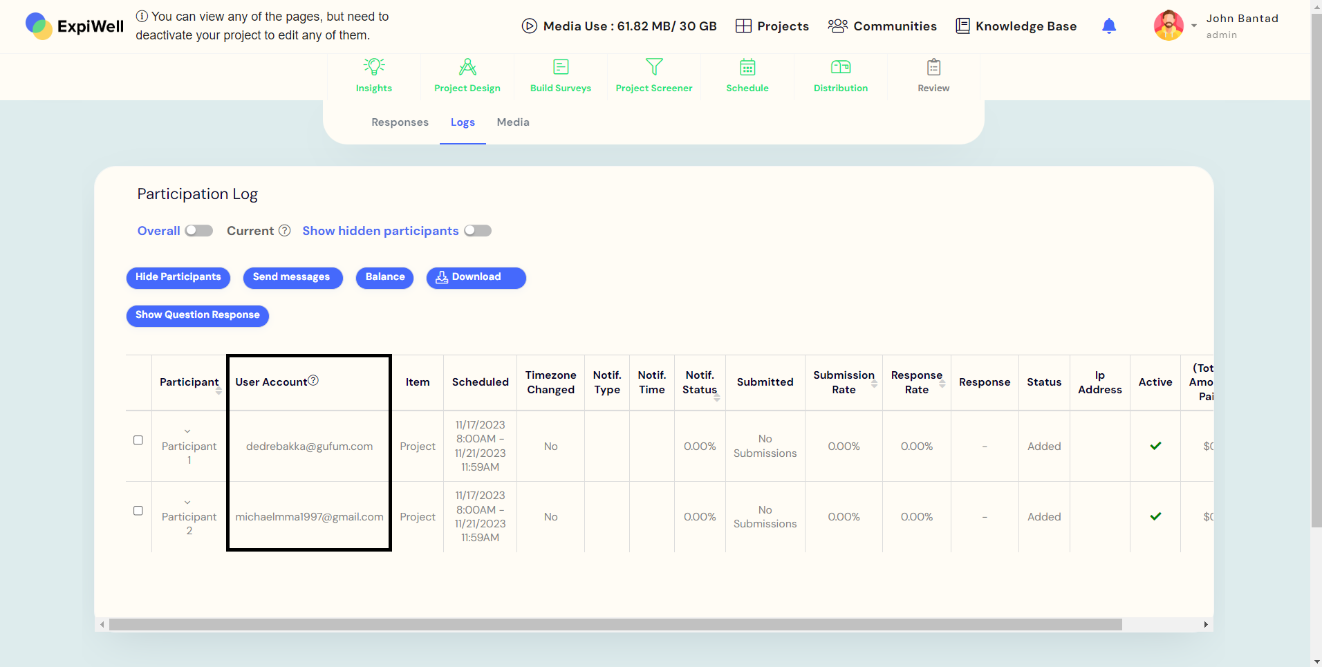 LOGS -  user account column