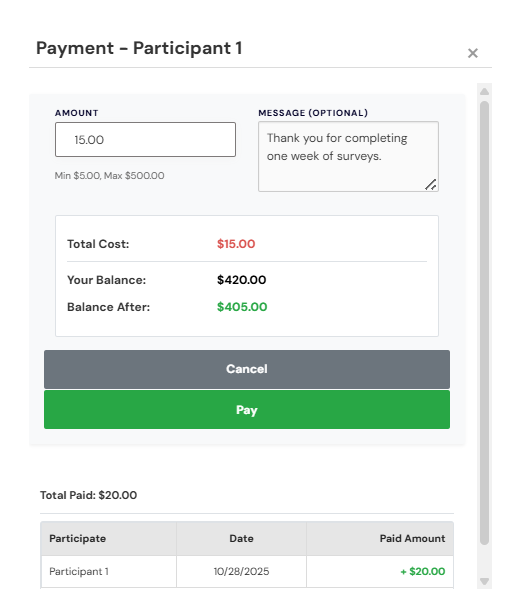 individual participant payment modal