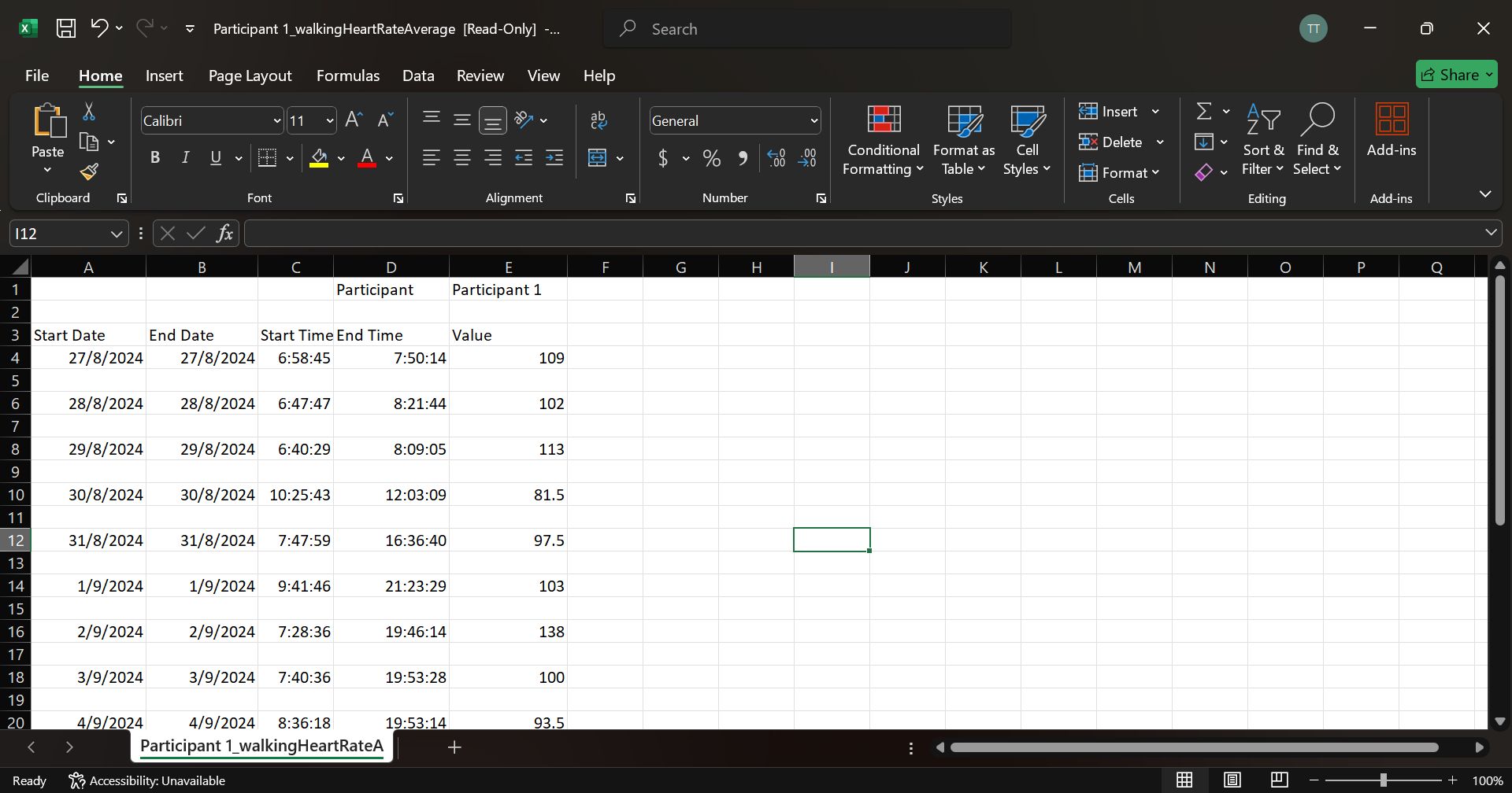 Excel file containing data from the Apple Watch