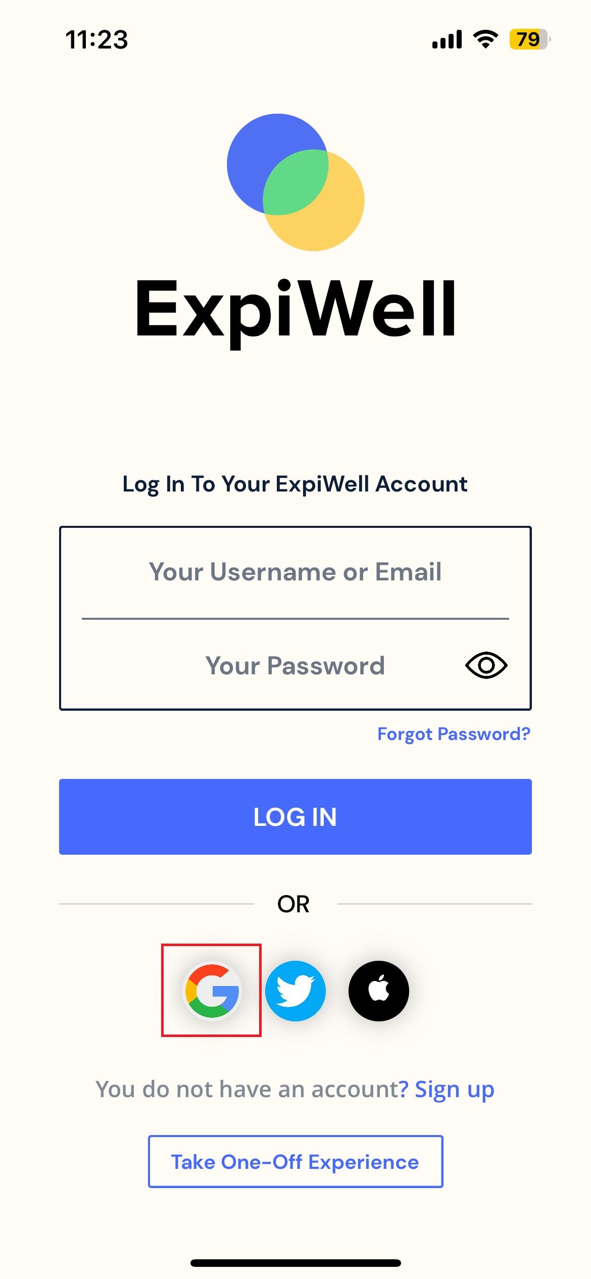 ExpiWell Sign Up Page with Existing Google Account