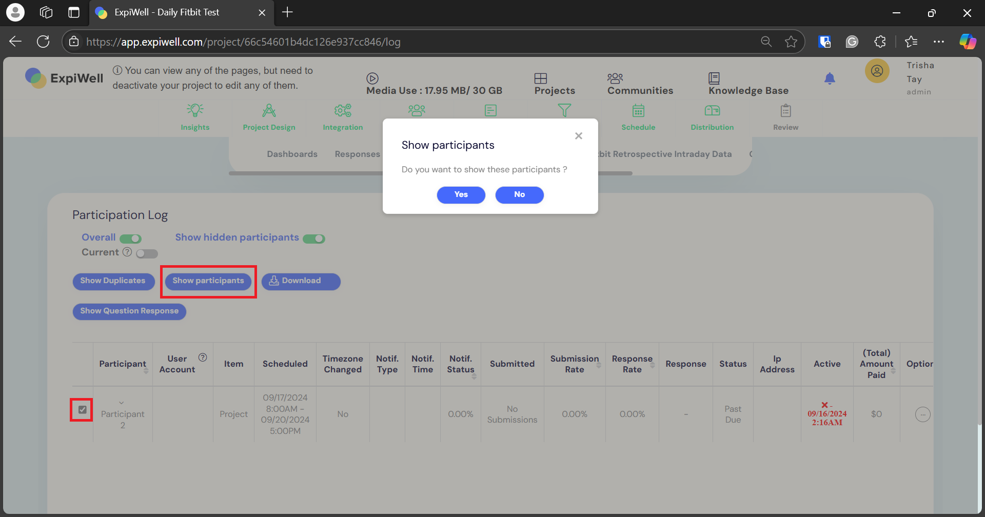 selecting the 'Show participants' button