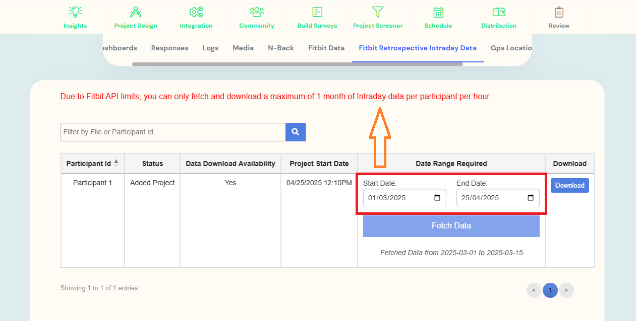 Error message that selected date range exceeds one month