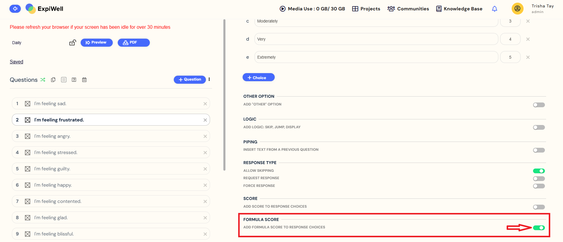 formula score button