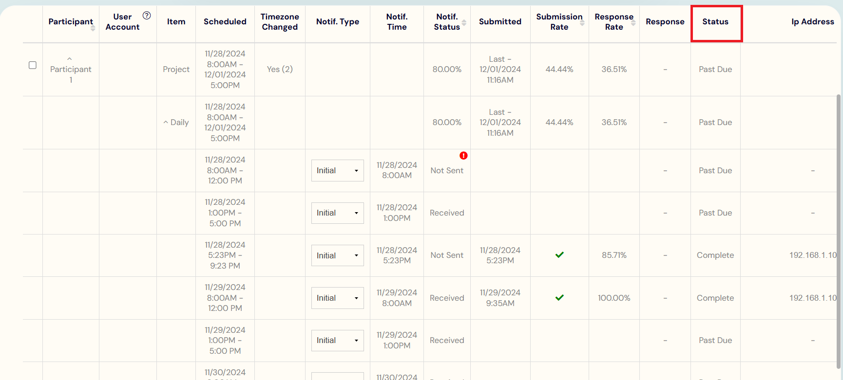 A Status whether a Project or Set of Surveys is 'Added' or 'In Progress' 