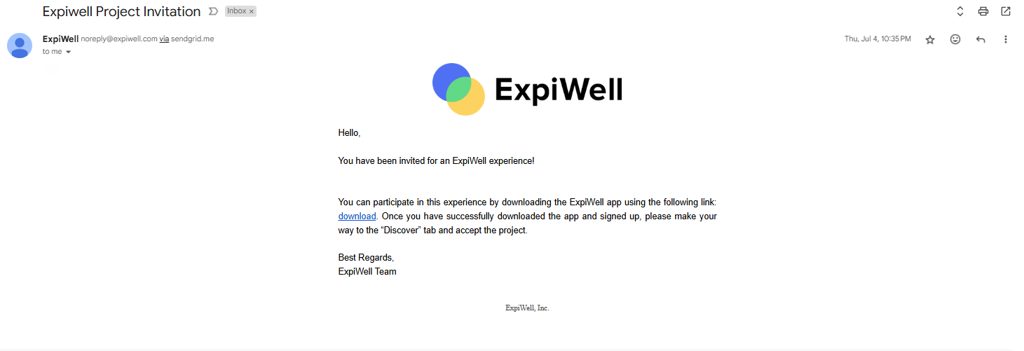 ExpiWell Project Invitation email 