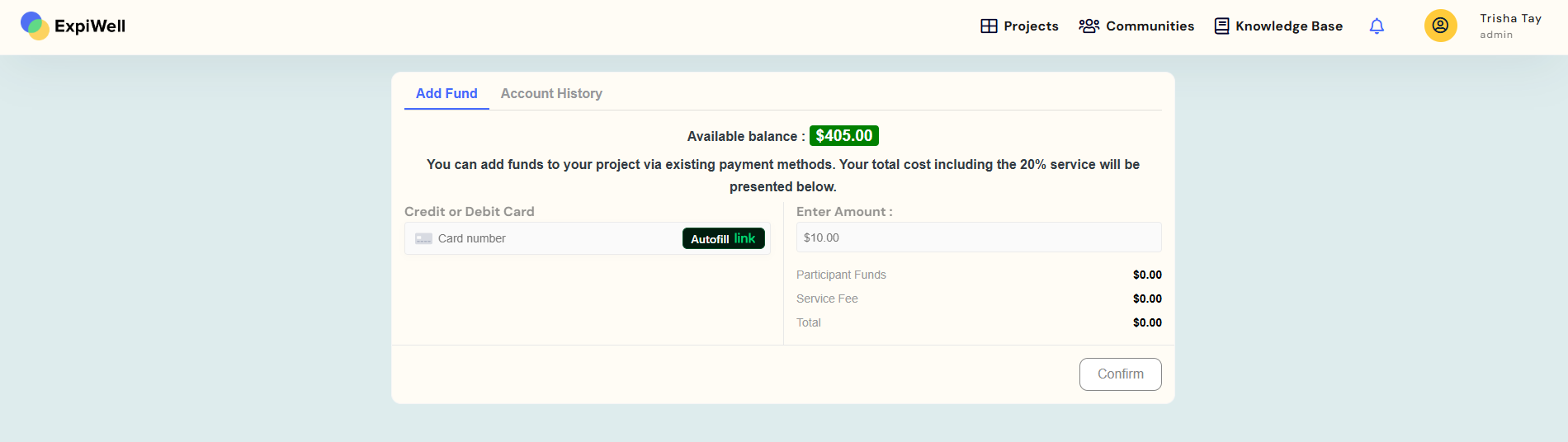 Finance tab- add fund