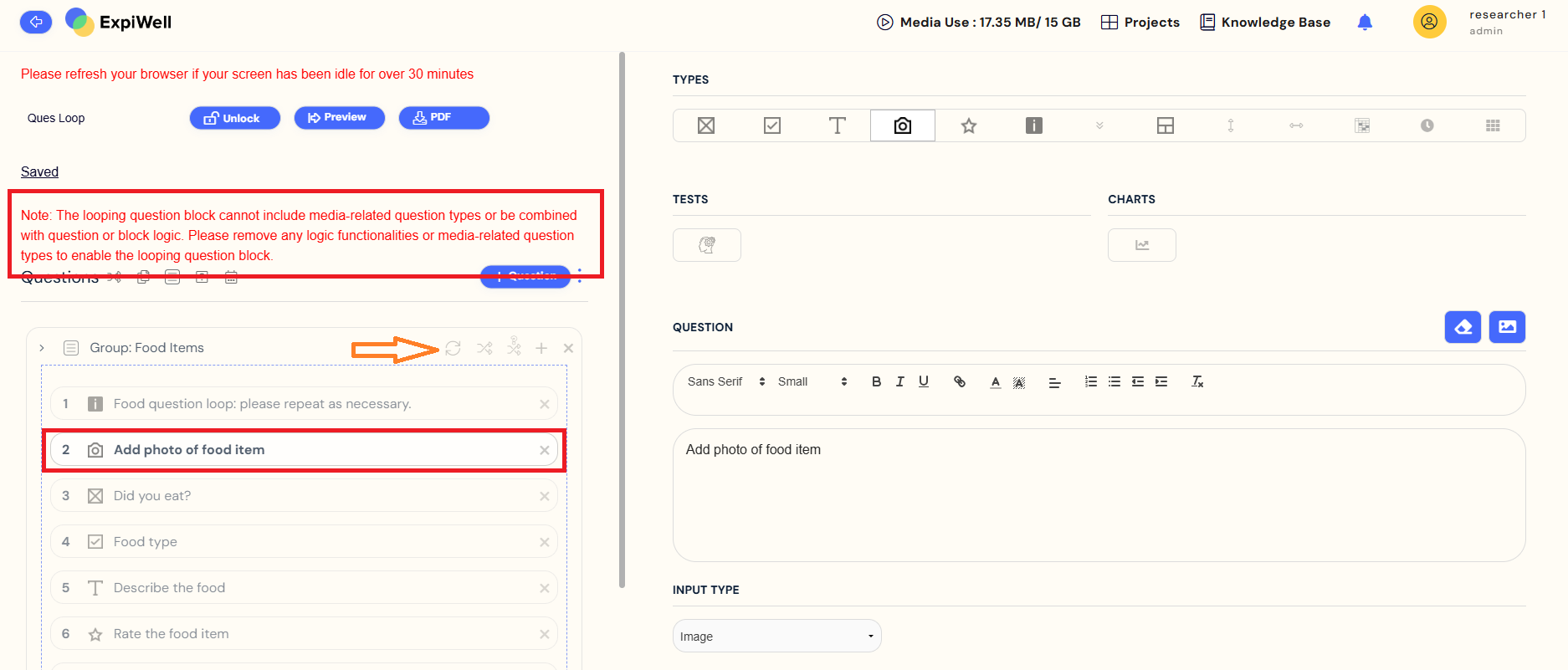 Error message about Question looping will not be enabled until these question types have been removed.