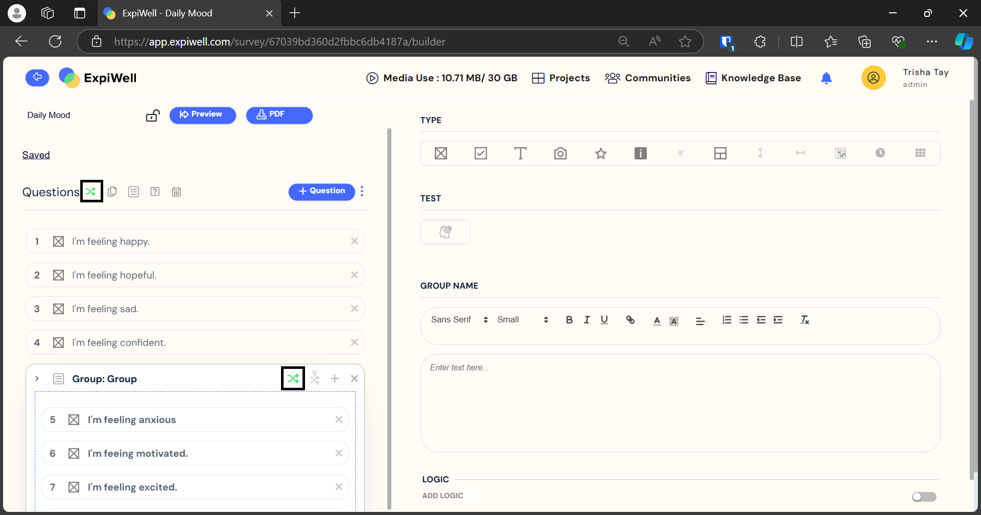 randomize option enabled for survey and question block