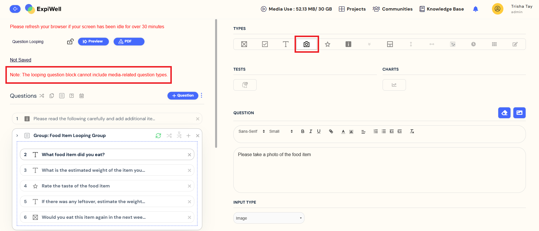 error message when trying to drag media question into looping question block