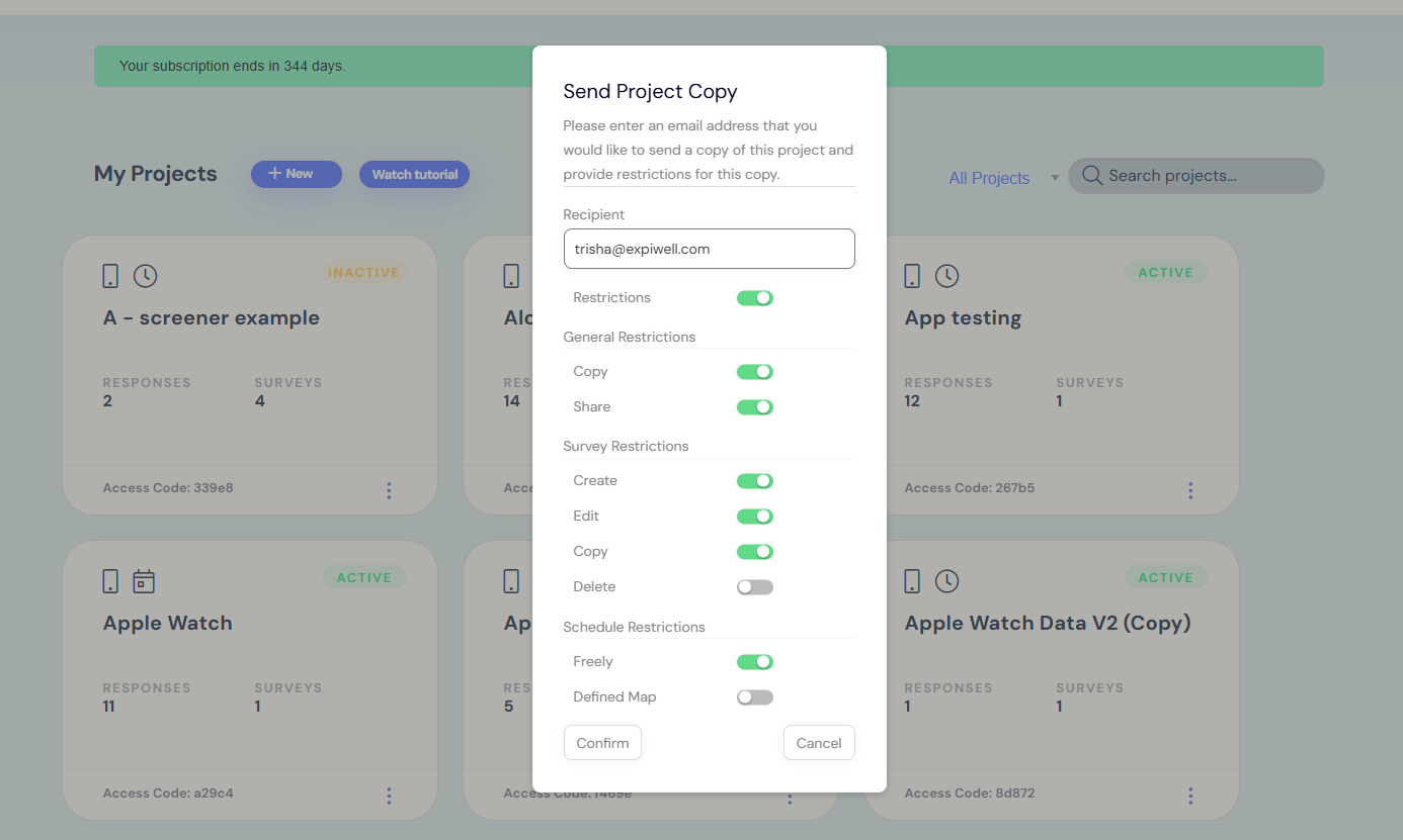 send project copy restriction options