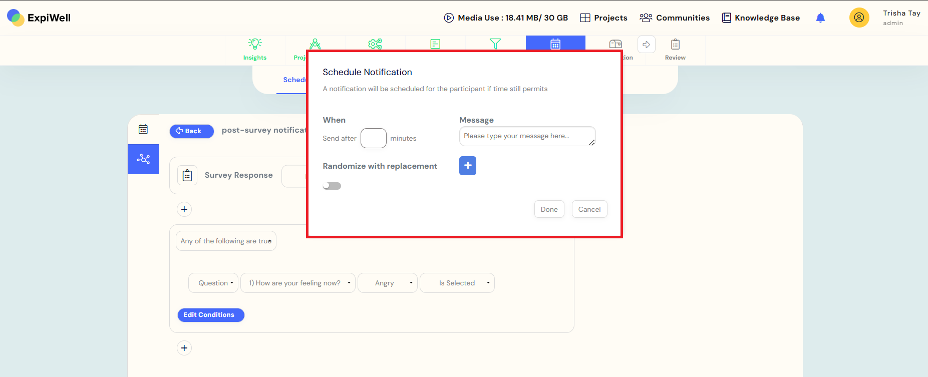 a pop-up modal for schedule notification