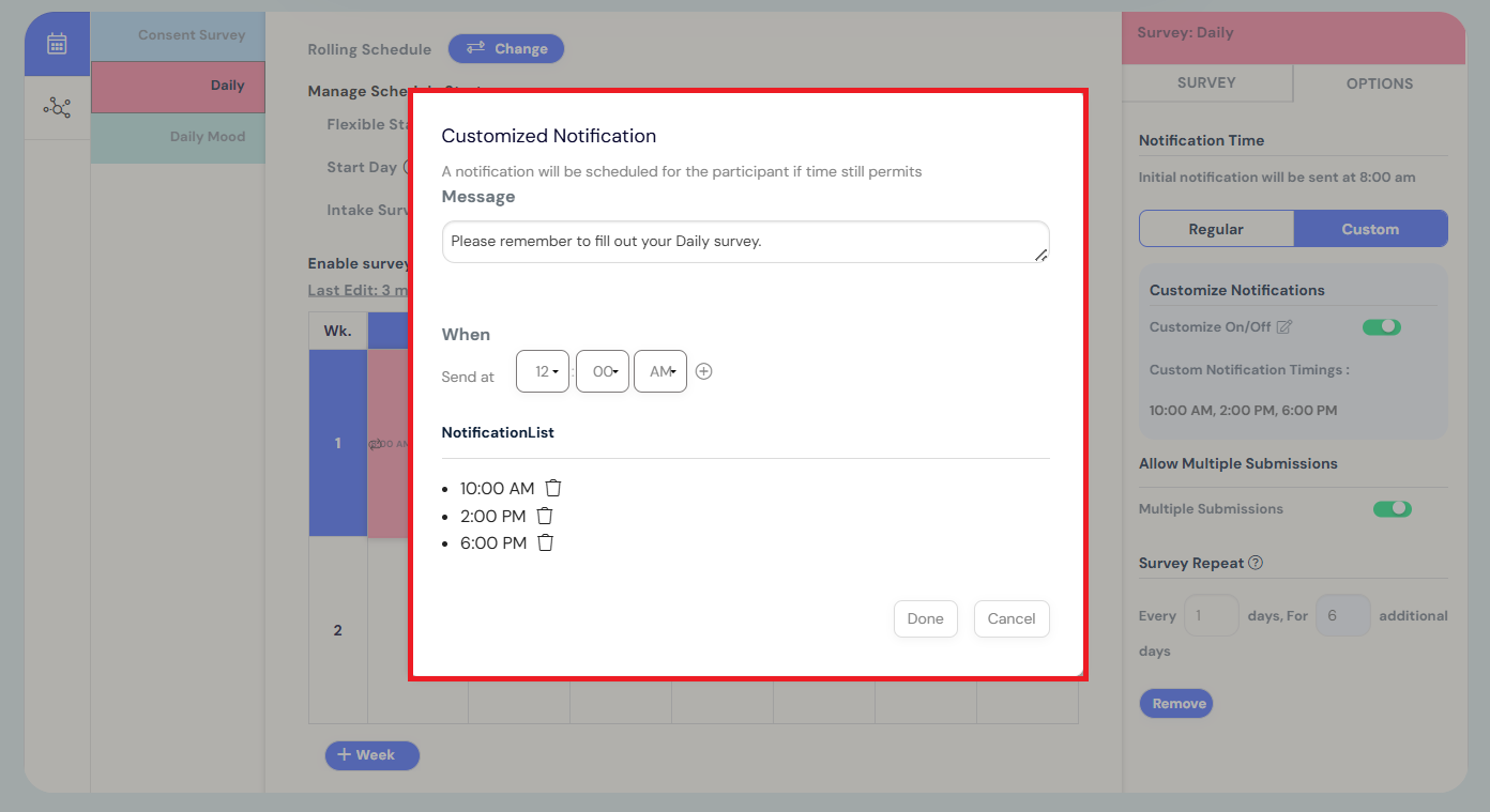 customized notifications (rolling schedule)