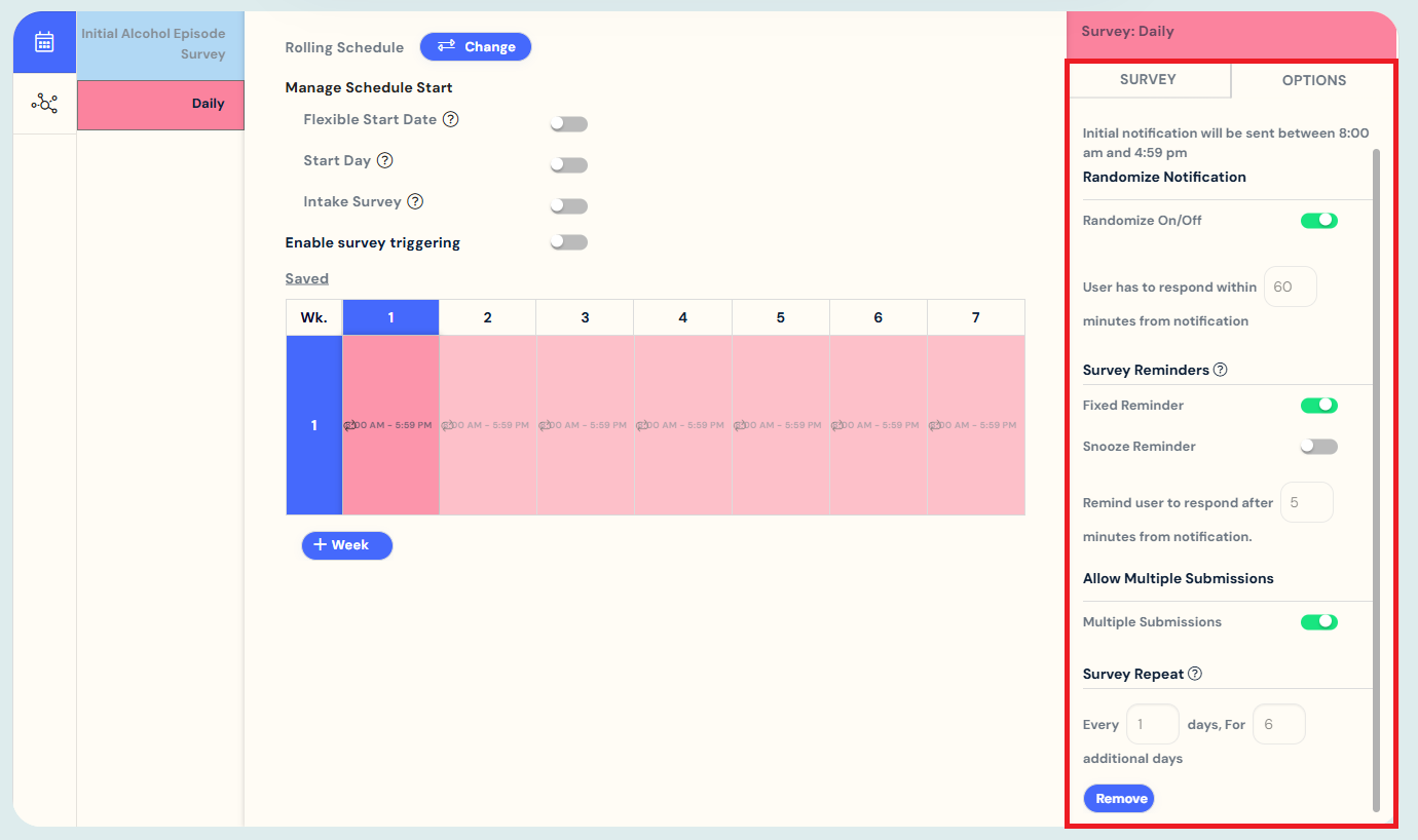 Rolling Schedule survey options