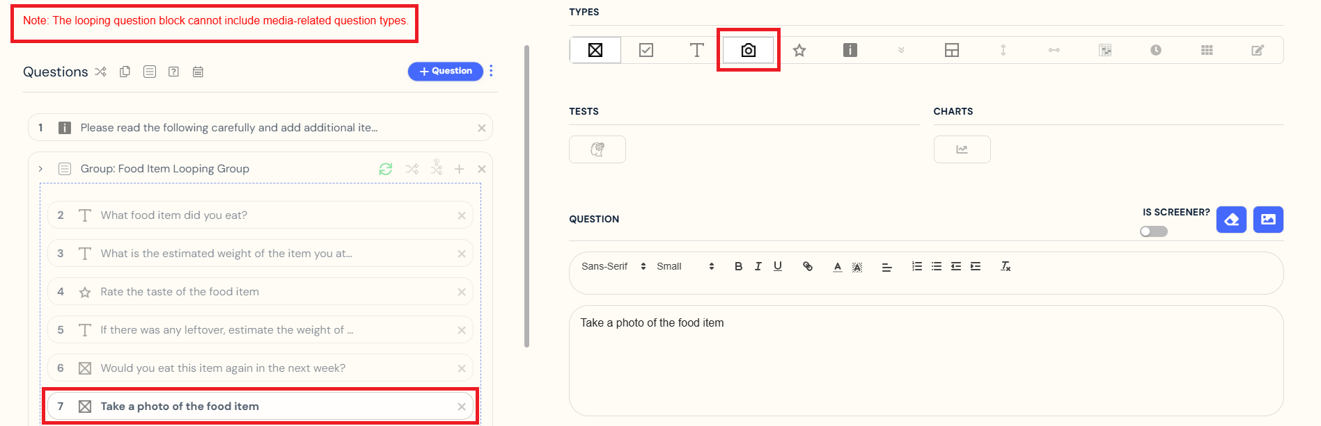 Reminder of media-related question types cannot be included in the looping question block