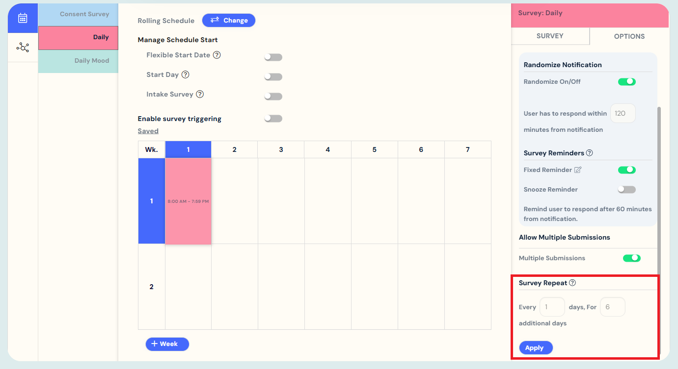 setting survey repeat option (rolling schedule)