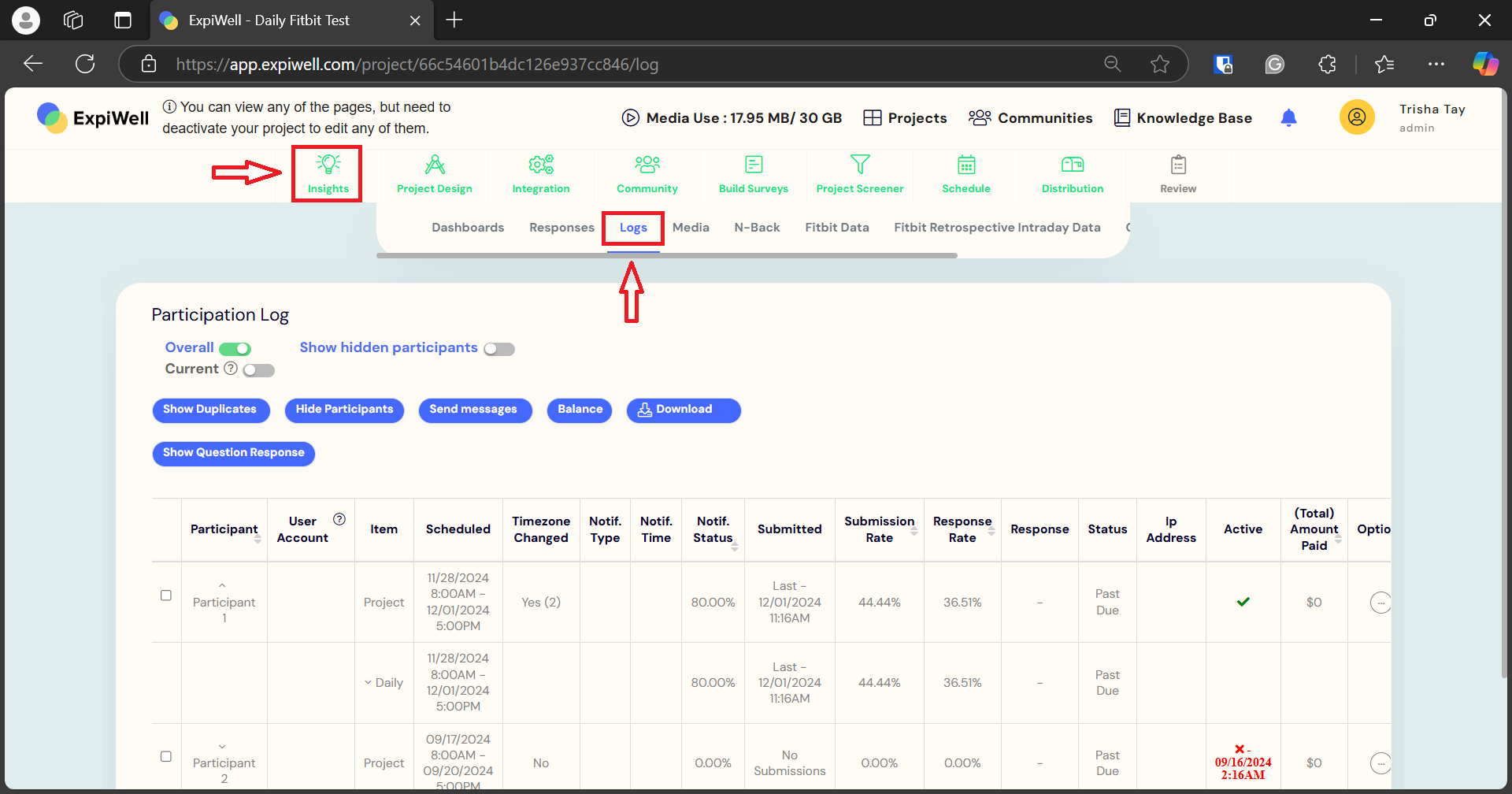 Logs page under the Insights tab