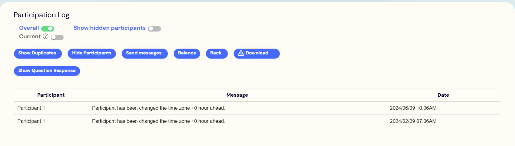 Participant 1 experienced time zone changes twice on their mobile device