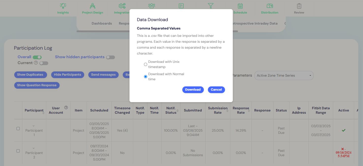 Logs CSV file can be downloaded 