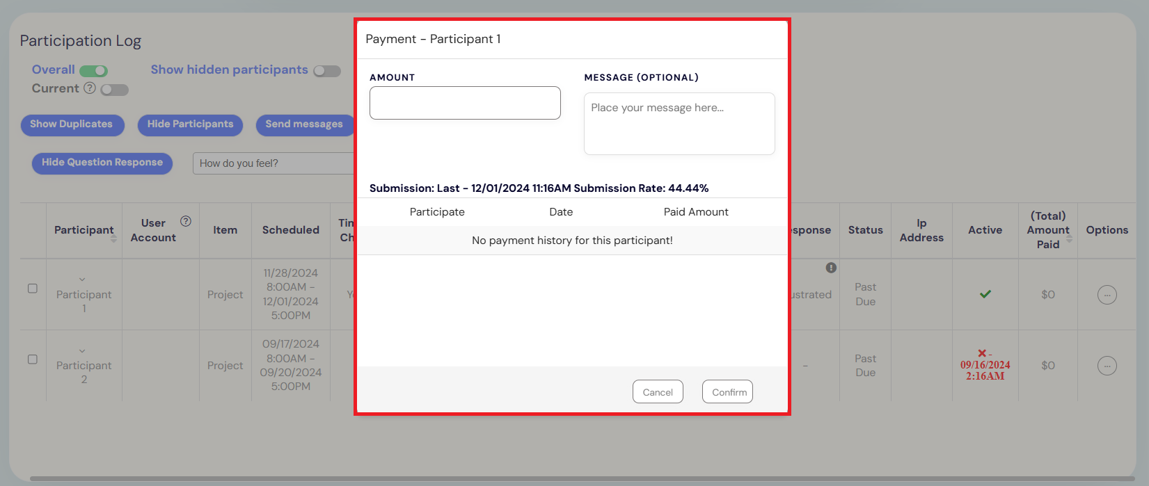 modal where you can manage participant payments.