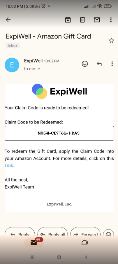 Amazon gift card code from ExpiWell