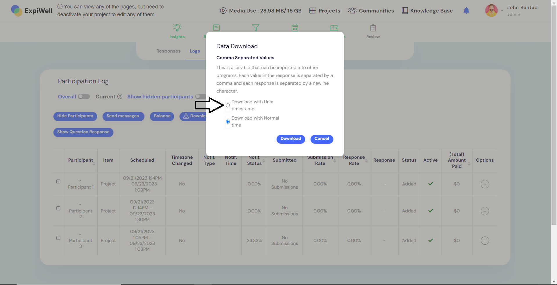 Participation logs data download