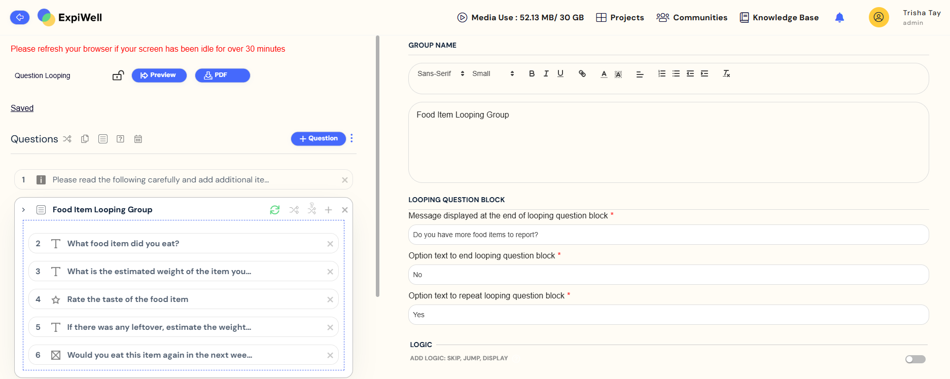 enabling question looping for a question block