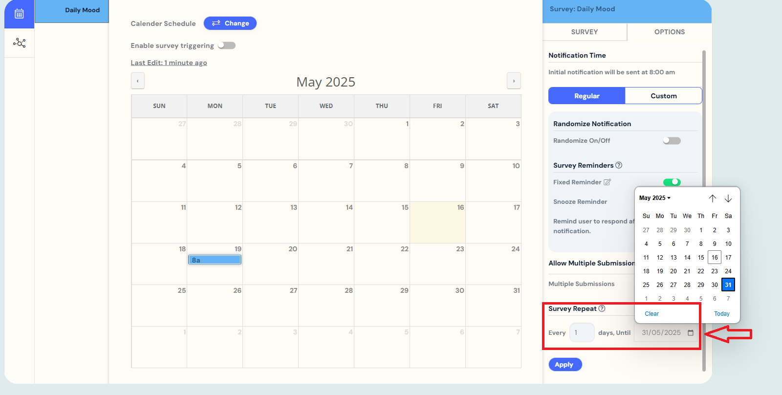 setting survey repeat (calendar schedule)