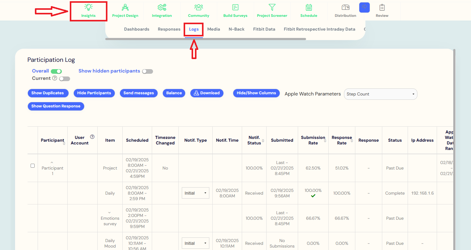 Logs page under the Insights tab