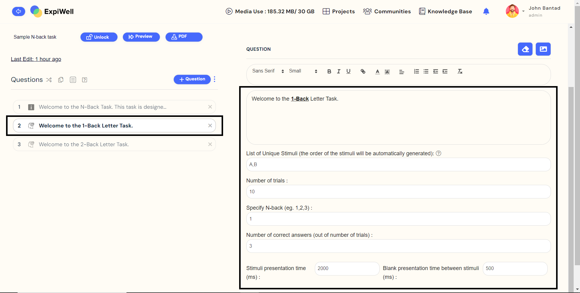 N-Back cognitive task component's set up