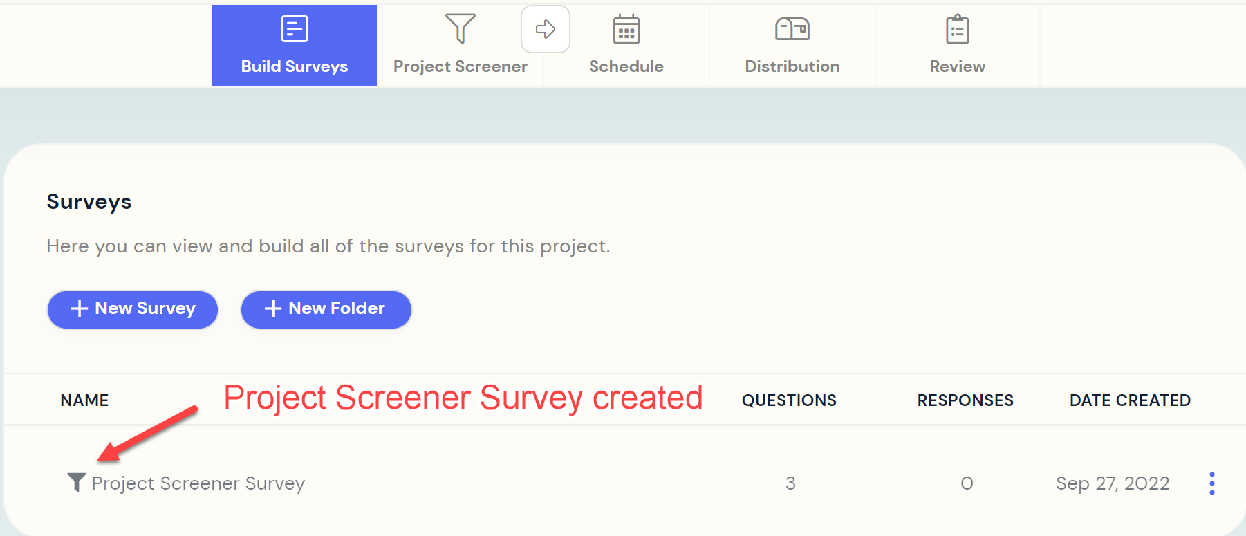 Project Screener Survey created