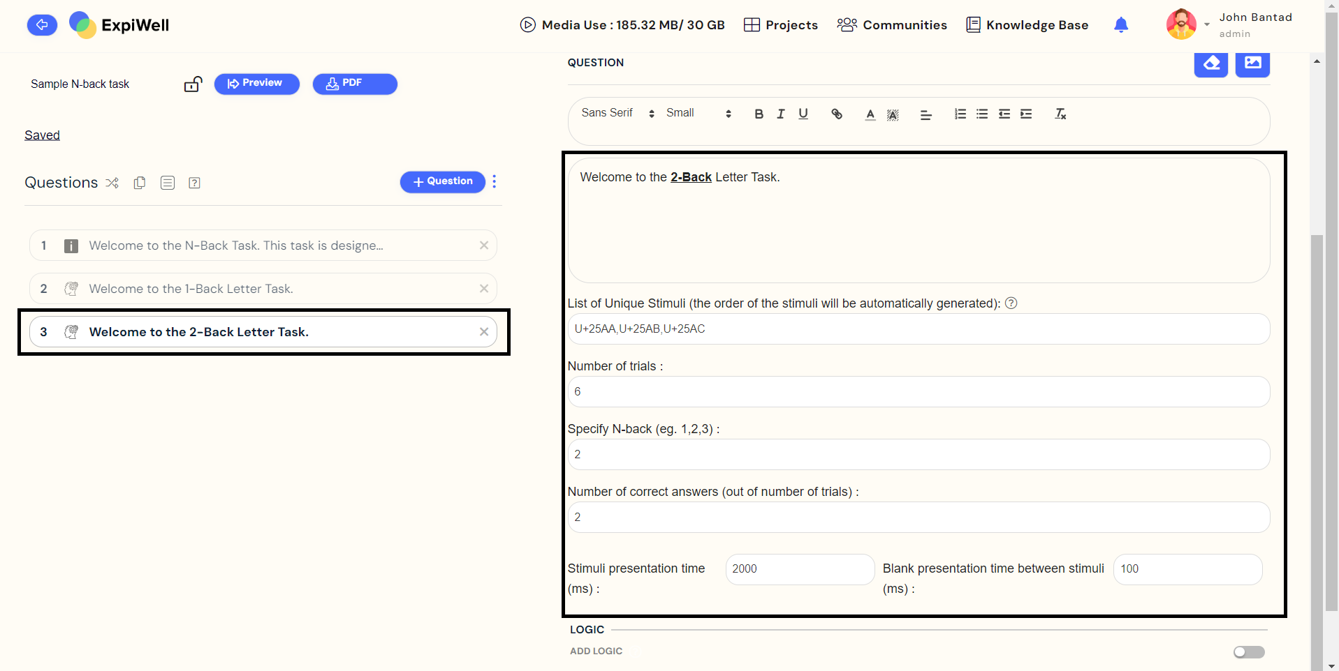 N-Back cognitive task component's set up