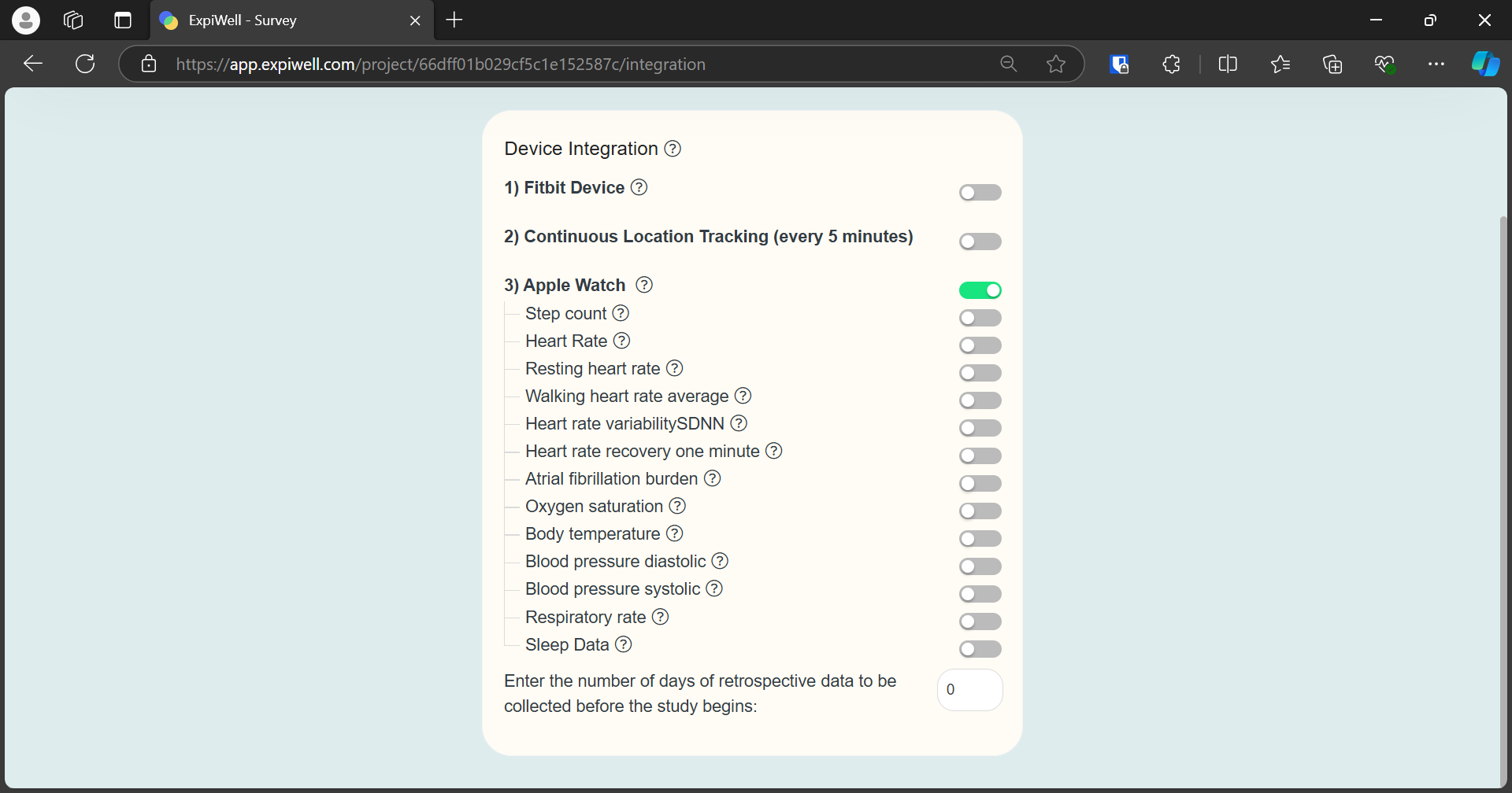 Toggle on Step Count to Collect Data