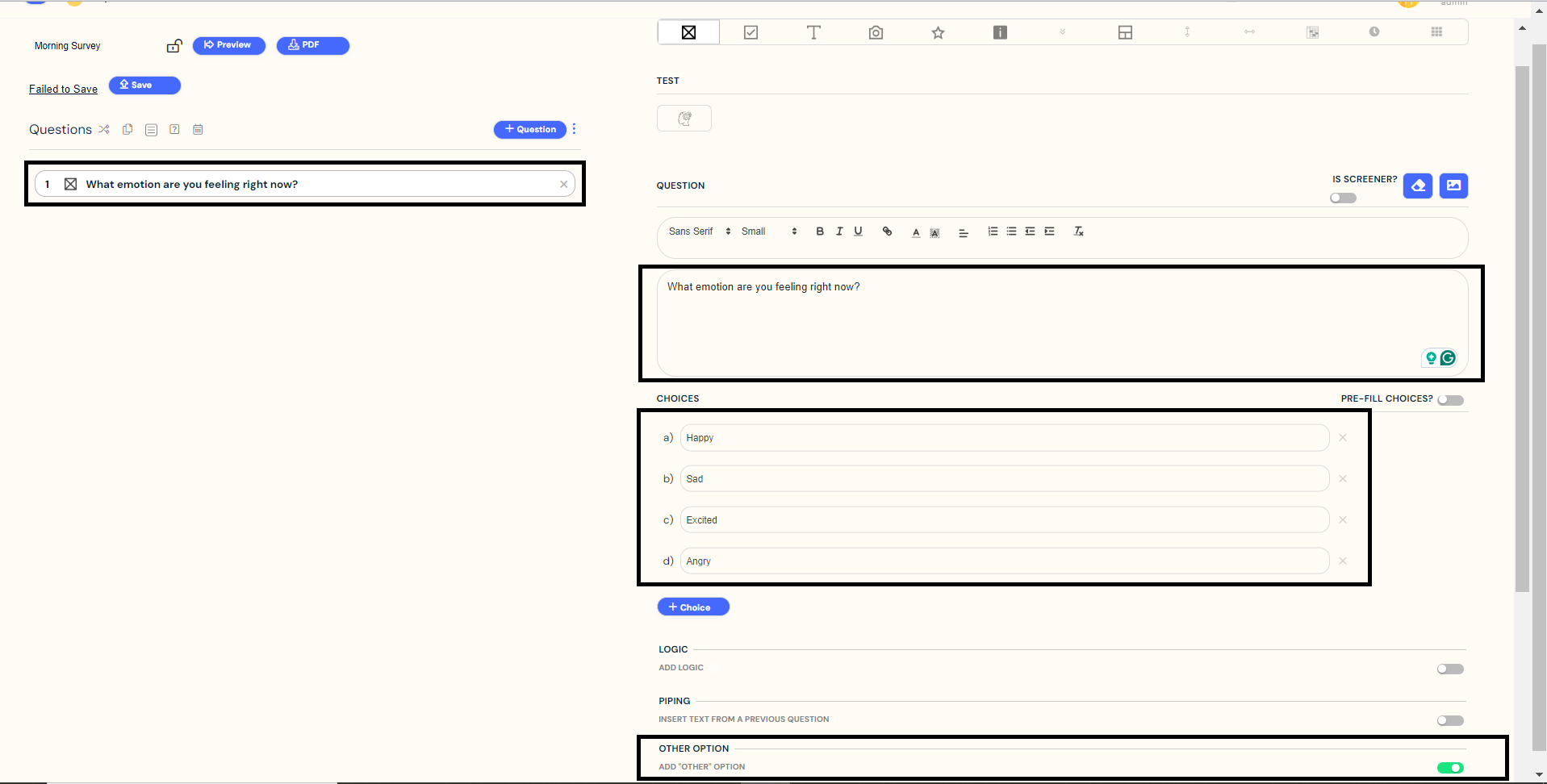 Survey Building Page